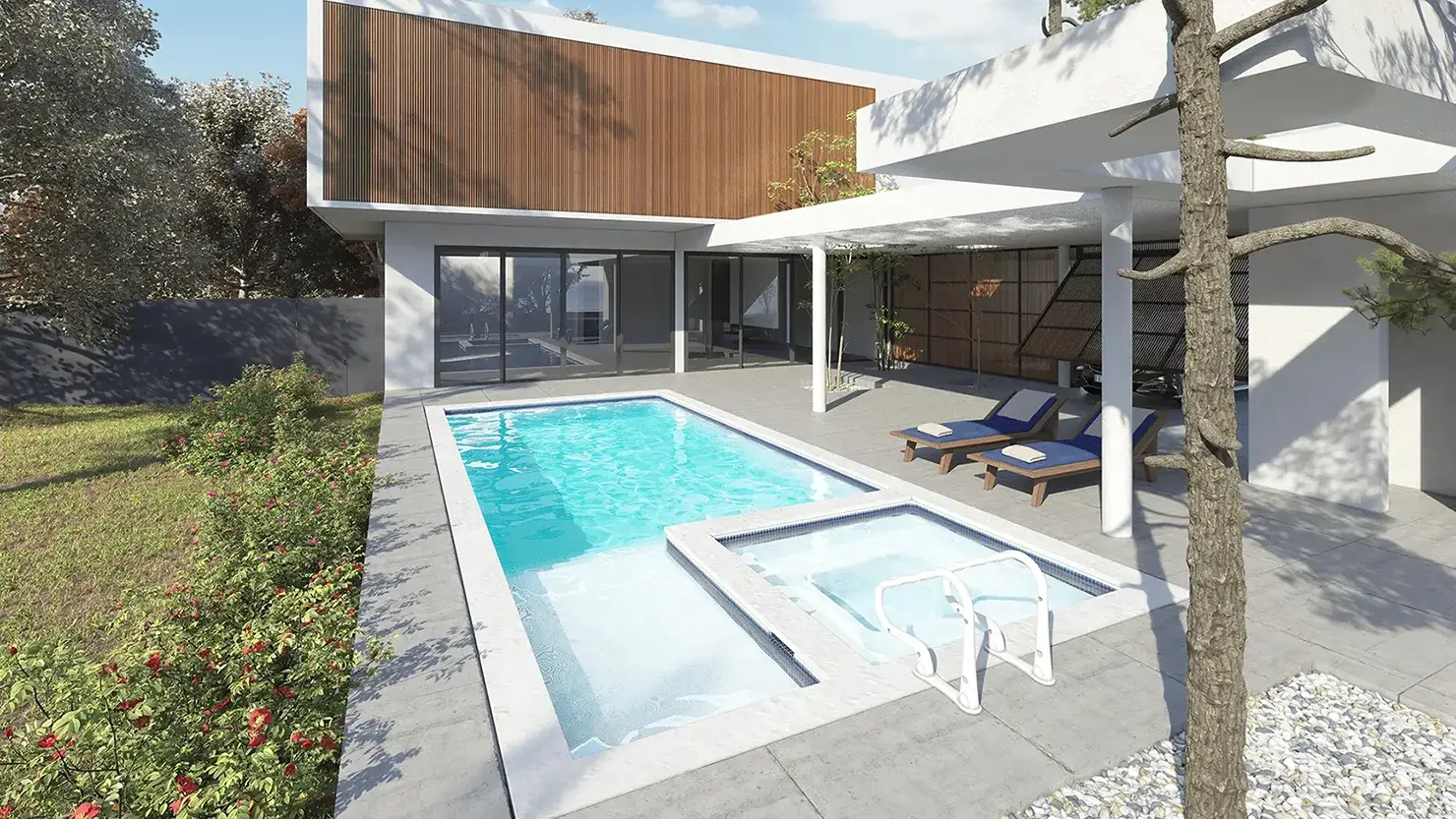 Mosaic Tiled Pool with Built-In Spa by Baur Pools